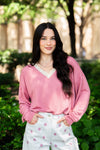 V-Neck Top with Lace Trim, Dusty Rose