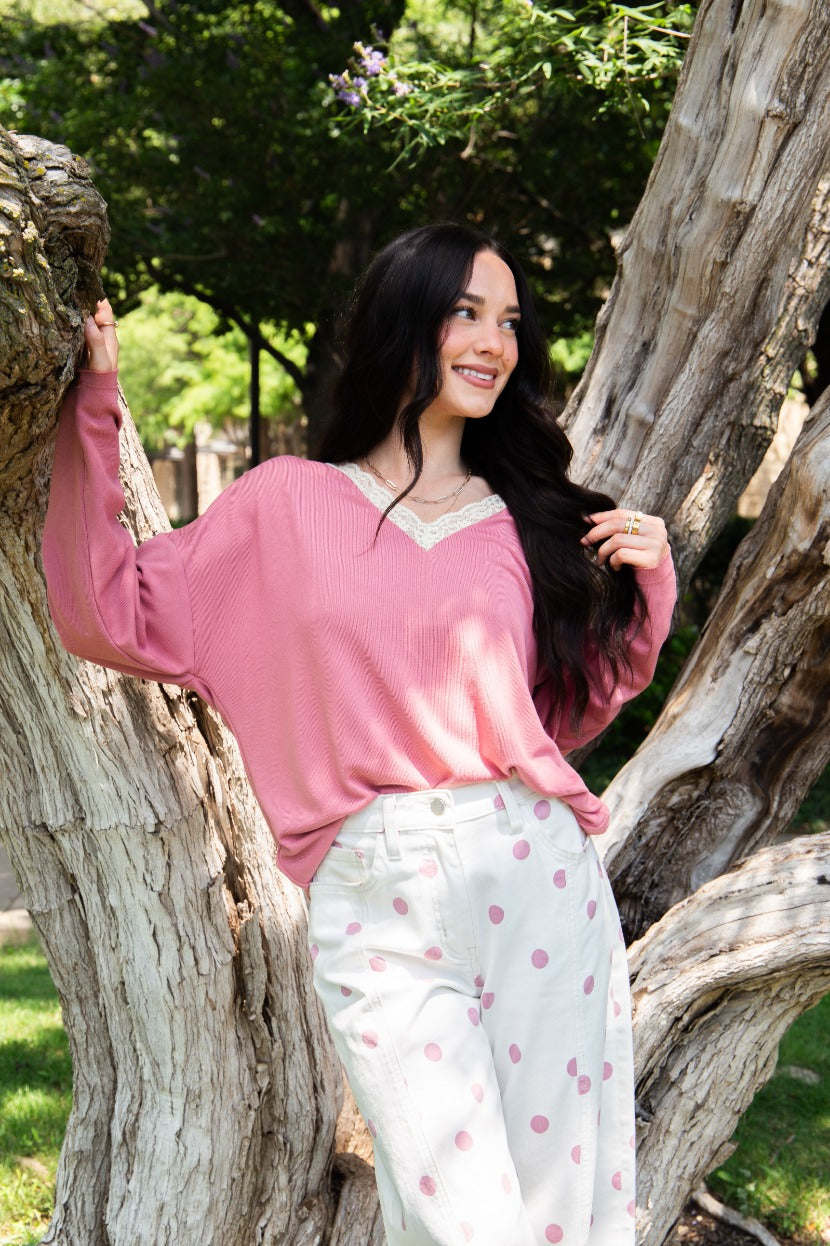 V-Neck Top with Lace Trim, Dusty Rose