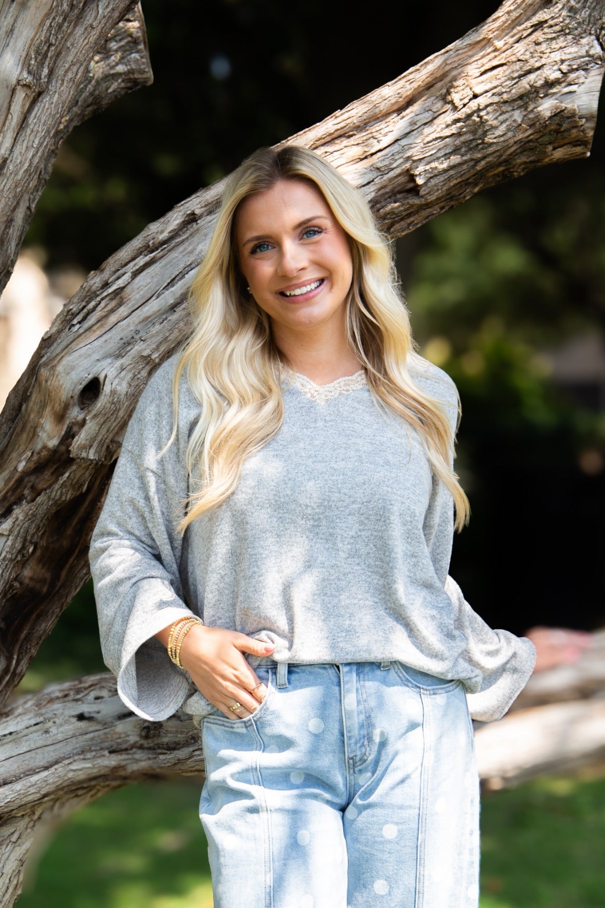 V-Neck Top with Lace Trim, Grey