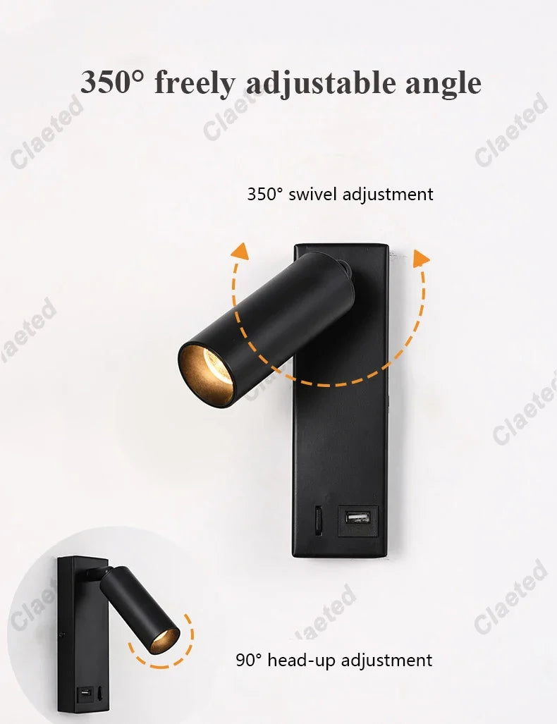 New Led Wall Lamp Sconce with Switch Black Brass Creative USB Port Reading Wall Lamp with 3W Spotlight for Bedroom Bedside