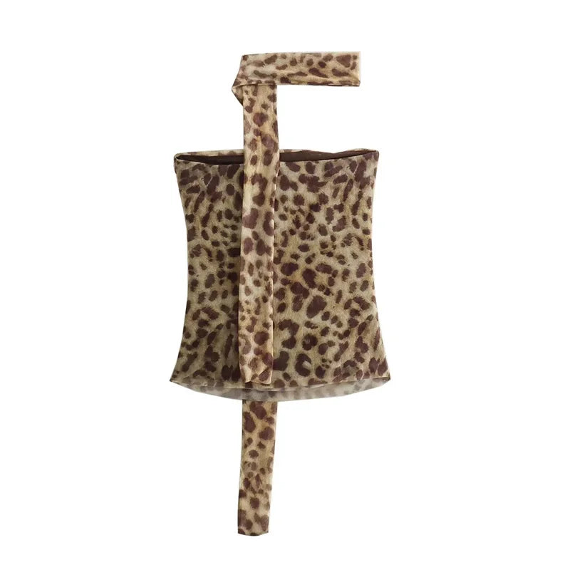 MUJER Leopard Print Tulle Crop Top Woman Ruched Off Shoulder Bandeau Top Women Sleeveless Backless Tube Top Summer Sexy Tops