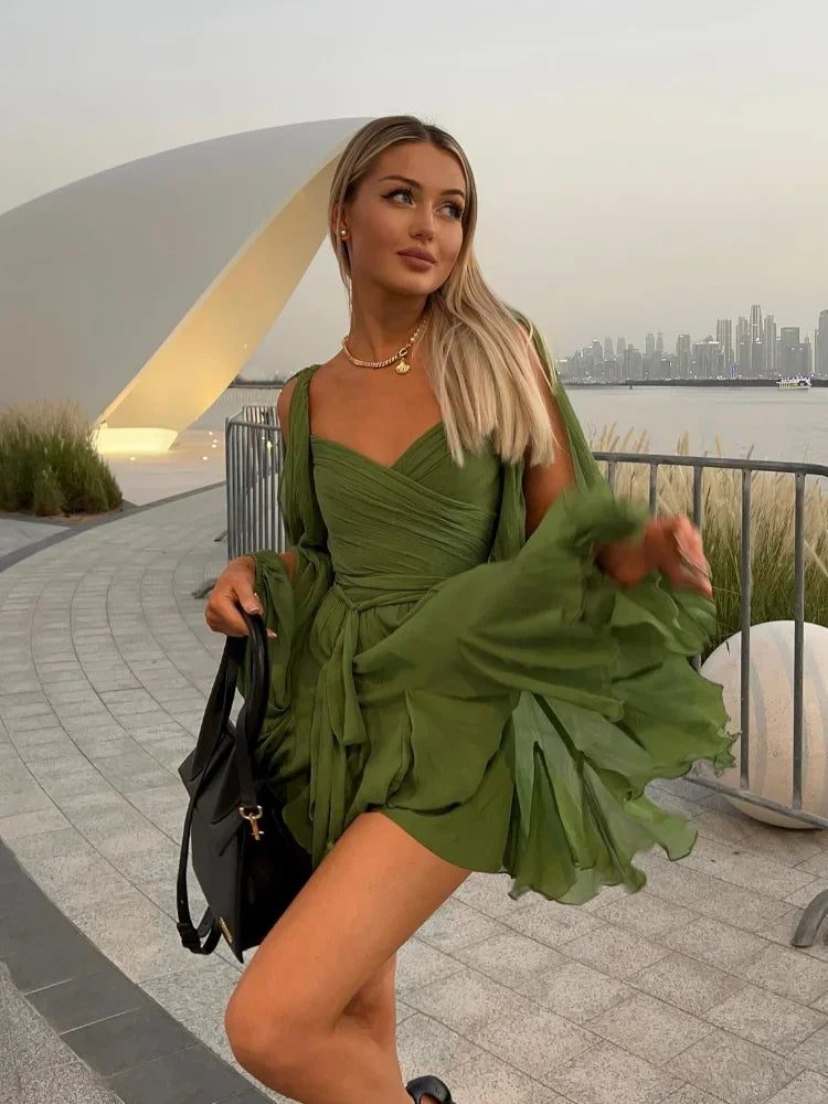 Irregular Mesh Split Long Sleeve Dress Sexy Green Lace Up Pleated Hem High Waist Vestido Summer Lady Vacation Beach Gowns 2025