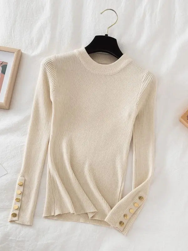 2026 women thick sweater pullovers khaki casual autumn winter button o-neck chic sweater female slim knit top soft jumper tops