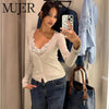 MUJER Lace Cropped Cardigan Women Button up Knit Tops Woman Vintage Knitwears Long Sleeve Knitted Cardigans Sweaters for Women