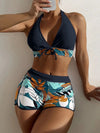 Europe and the United States swimsuit ladies print neck conservative flat Angle high waist split flat Angle bikini high waist