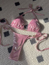 Shiny Pink Micro Bikini 2026 Mujer Women Sexy PU Pearls Push Up Thong Swimsuit Summer Bathing Suit Bandage Holiday Swimwear