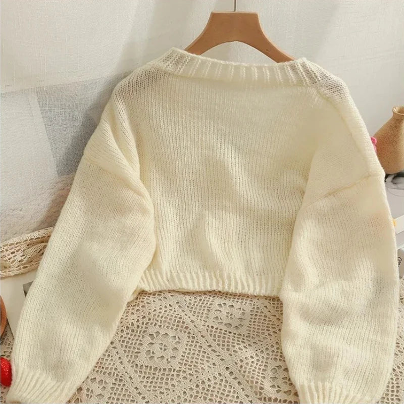 2026 New Spring Autumn Colourful Applique Flower Cardigan for Women Cute Long  V-neck Knit Crop Sweater Girl Soft Knitwear