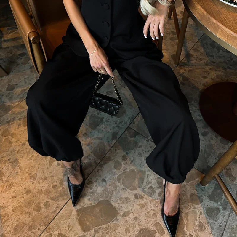 Women's Frog Button Puff Sleeve Shirt Trousers Set O-neck Leg-binding Lantern Pants Suits Lady 2026 Spring Summer Female Outfits