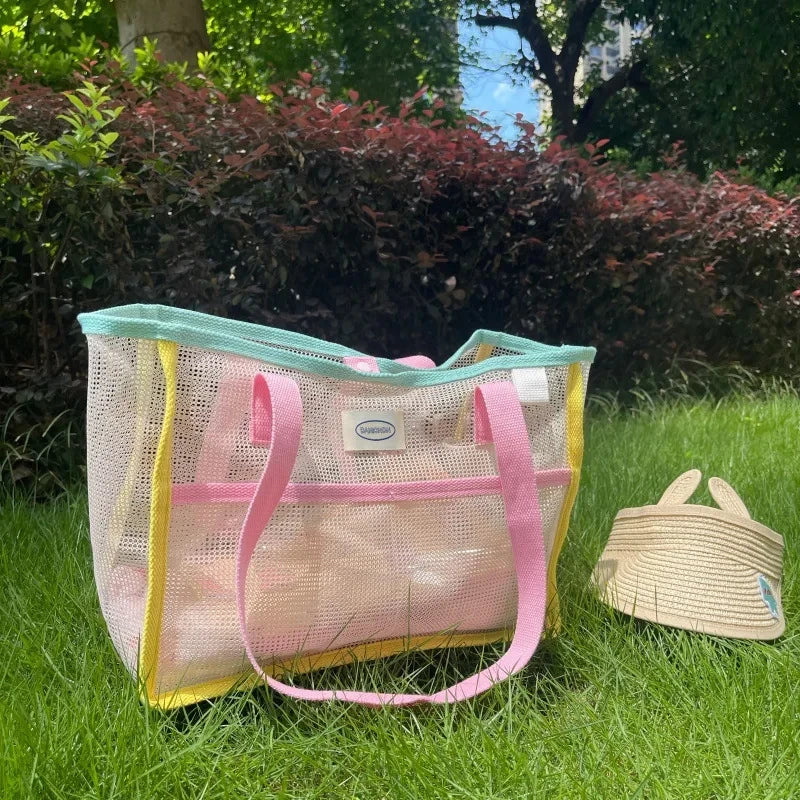 Ladies Summer Transparent Mesh Breathable Handbag Outdoor Beach Shower Handbag Large Capacity Beach Bags Portable Swimming Tote