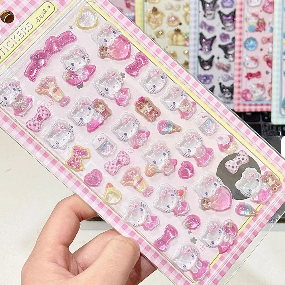 3D Sanrio Hellokitty Kuromi Cinnamoroll Stickers Cute Anime Transparent Jelly Crystal Decorative Sticker Phone Case DIY Kids Toy