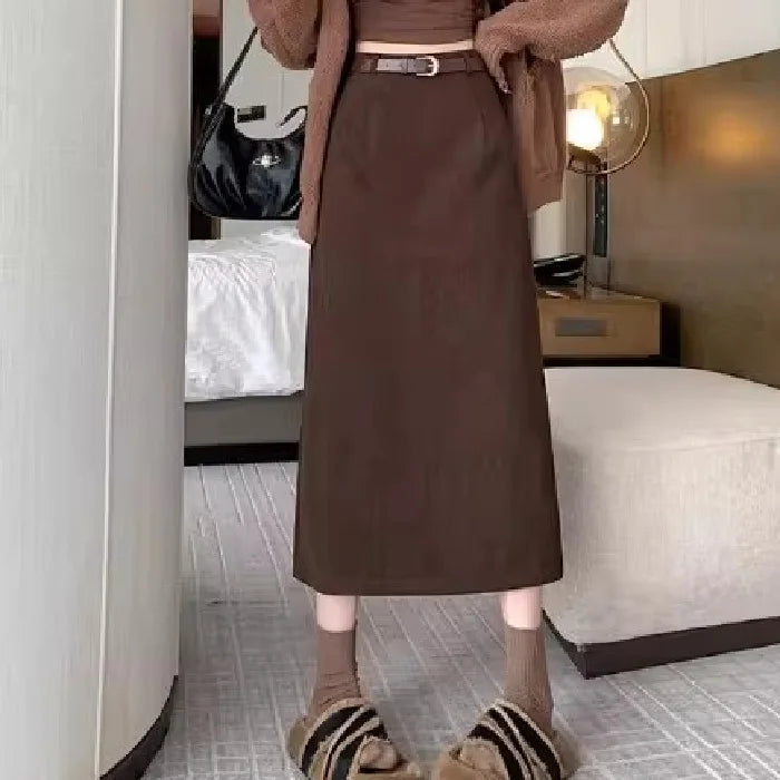 Retro Hong Kong Style Thickened Corduroy Solid Color Half-length Skirt Women's Autumn Winter Wraparound Skirt Mid-length Skirt