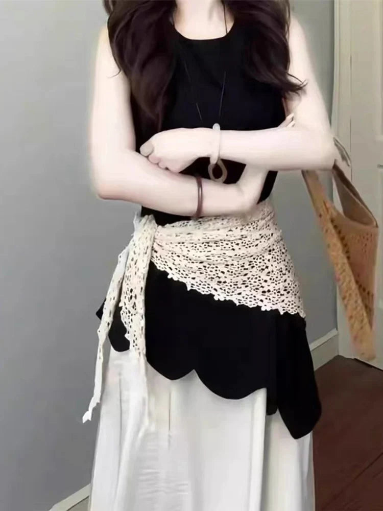 Solid Harajuku White Beige Mesh Lace Skirt Y2k Korean Girl Stacked Skirt Chic Apron Wrap Skirt Lace Up Matching Pants Streetwear