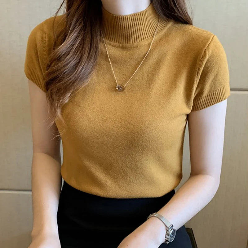 Turtleneck T-Shirt Women's Fashion Jumper Casual Tops Korean Style Elegant Solid-Coloured Clothing Spring And Summer Season