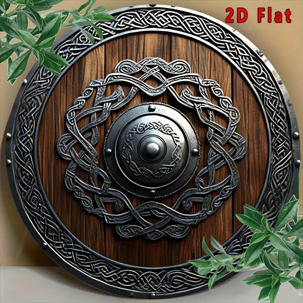Norse Viking Shield Metal Wall Decor 2D Flat with Celtic Knots Dark Brown Home Office Bar Cafe