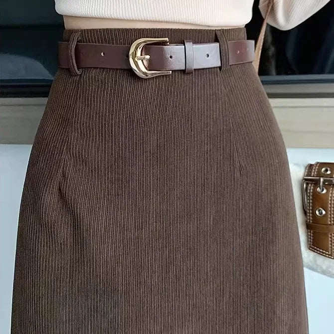 Retro Hong Kong Style Thickened Corduroy Solid Color Half-length Skirt Women's Autumn Winter Wraparound Skirt Mid-length Skirt