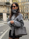 Women Turtleneck Grey Woolen Cropped Coat Chic High Collar Double Breasted Pocket Lace Up Short Overcoat Lady Daily Street Coats