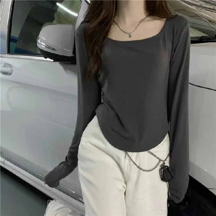Women's temperament elegant bottoming thin section long-sleeved T-shirt irregular Slim short tops bottoming shirt