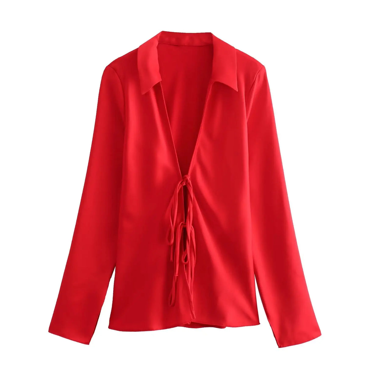 KONDALA Sexy Black Satin Bow Tie Shirts Women Long Sleeve V Neck Slim Blouses Fashion 2025 Autumn Elegant Silky Tops