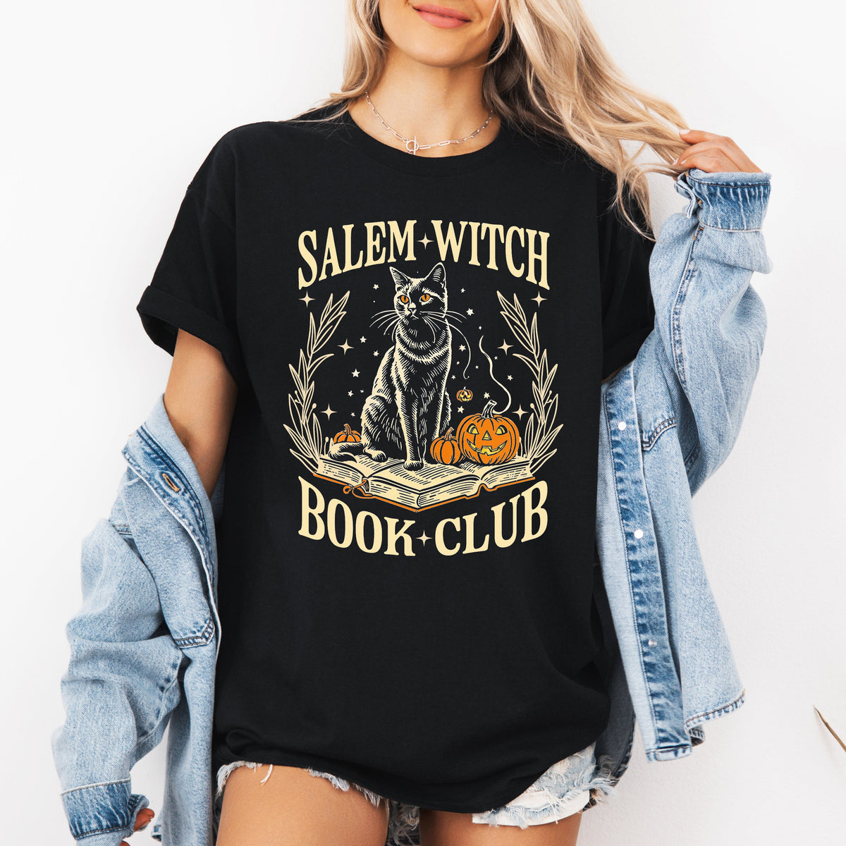 Salem Book Club Cat Retro Classic Vintage Halloween Reading Books Witchy Favorites Collection Graphic Tee