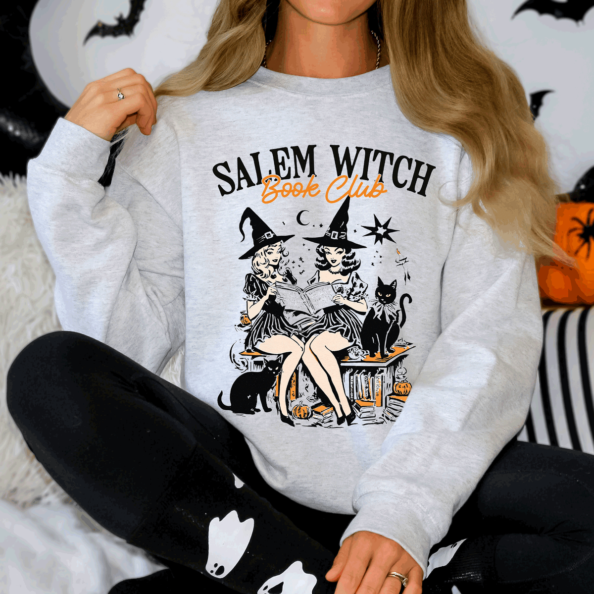 Salem Book Club Vintage Halloween Reading Cats Retro Classic Books Cozy Sweatshirt