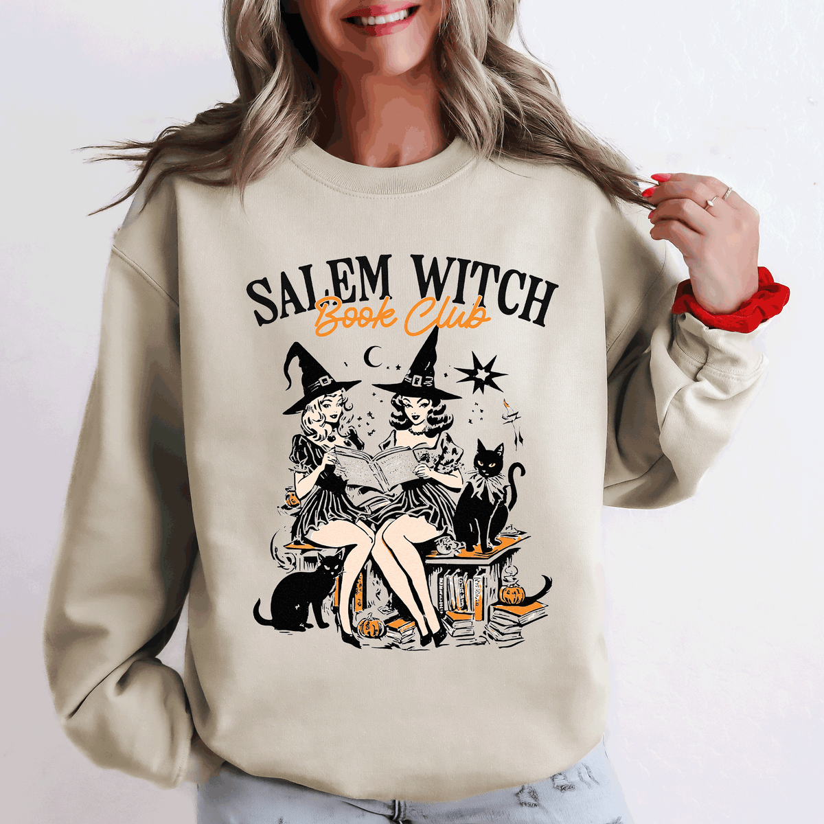 Salem Book Club Vintage Halloween Reading Cats Retro Classic Books Cozy Sweatshirt
