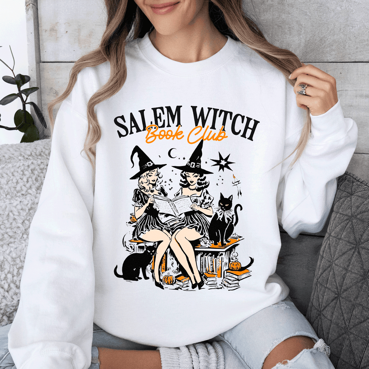 Salem Book Club Vintage Halloween Reading Cats Retro Classic Books Cozy Sweatshirt
