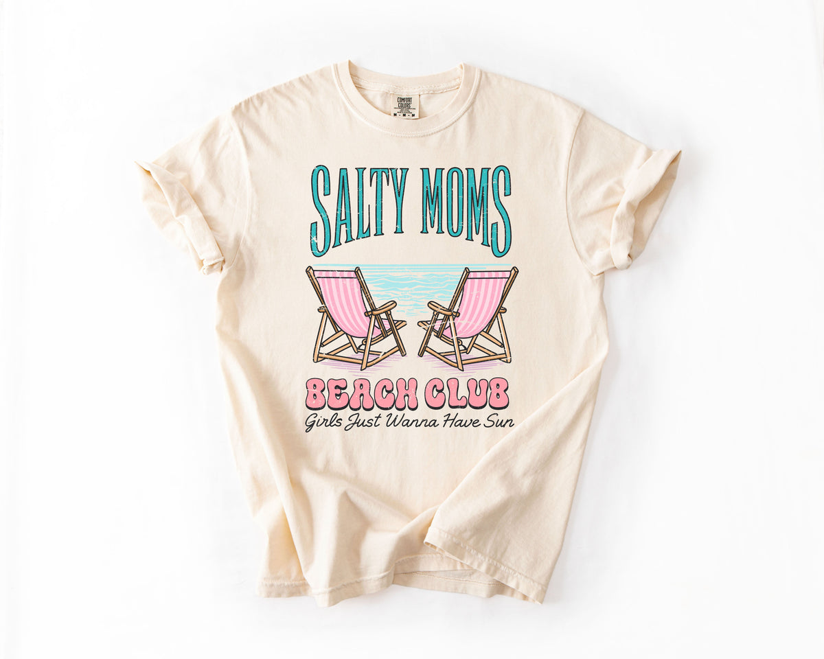 Salty Moms Beach Club Summer Beach Sea Life Outdoor Travel Western Country Comfort Colors Tee