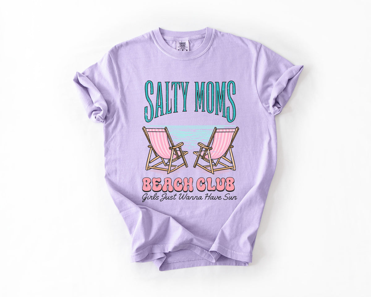 Salty Moms Beach Club Summer Beach Sea Life Outdoor Travel Western Country Comfort Colors Tee