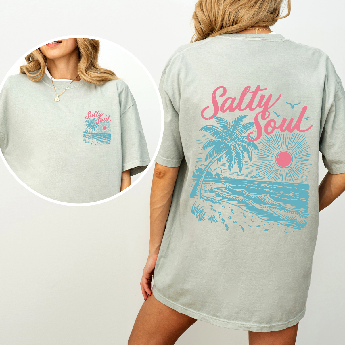 Salty Soul Beach Sunset Palm Trees Summer Front And Back Beach Vibes Forever Comfort Colors Tee