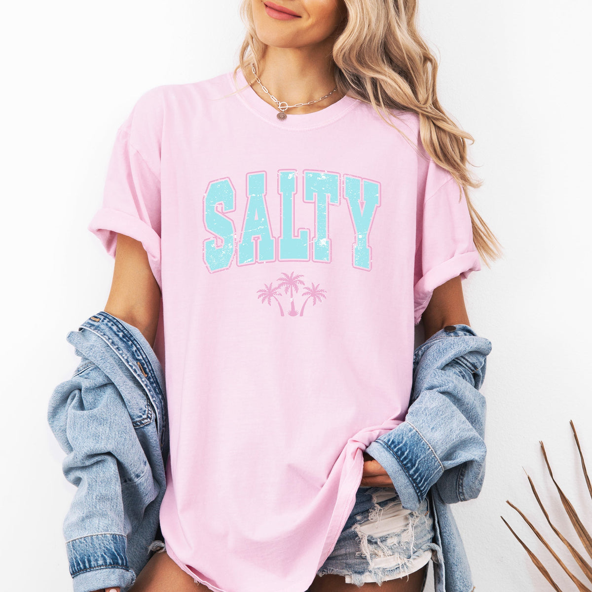 Salty Varsity Palm Trees Summer Beach Coastal Vibes For Sunny Days Comfort Colors Tee