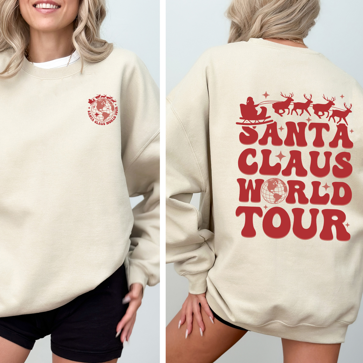 Santa Claus World Tour Front And Back Retro Christmas Reading Graphic Sweatshirt