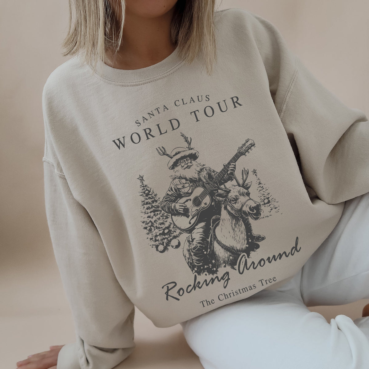 Santa Claus World Tour Rocking Around Christmas Tree Western Cowboy Festive Sweatshirt