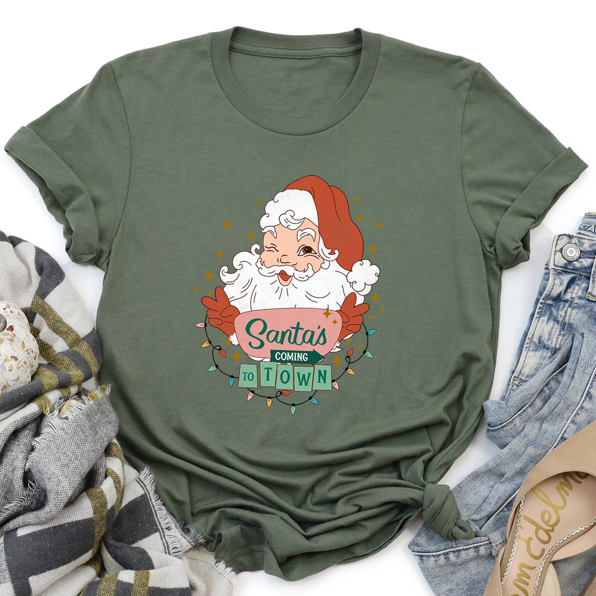 Santa Is Coming To Town Retro Christmas Graphic Tee