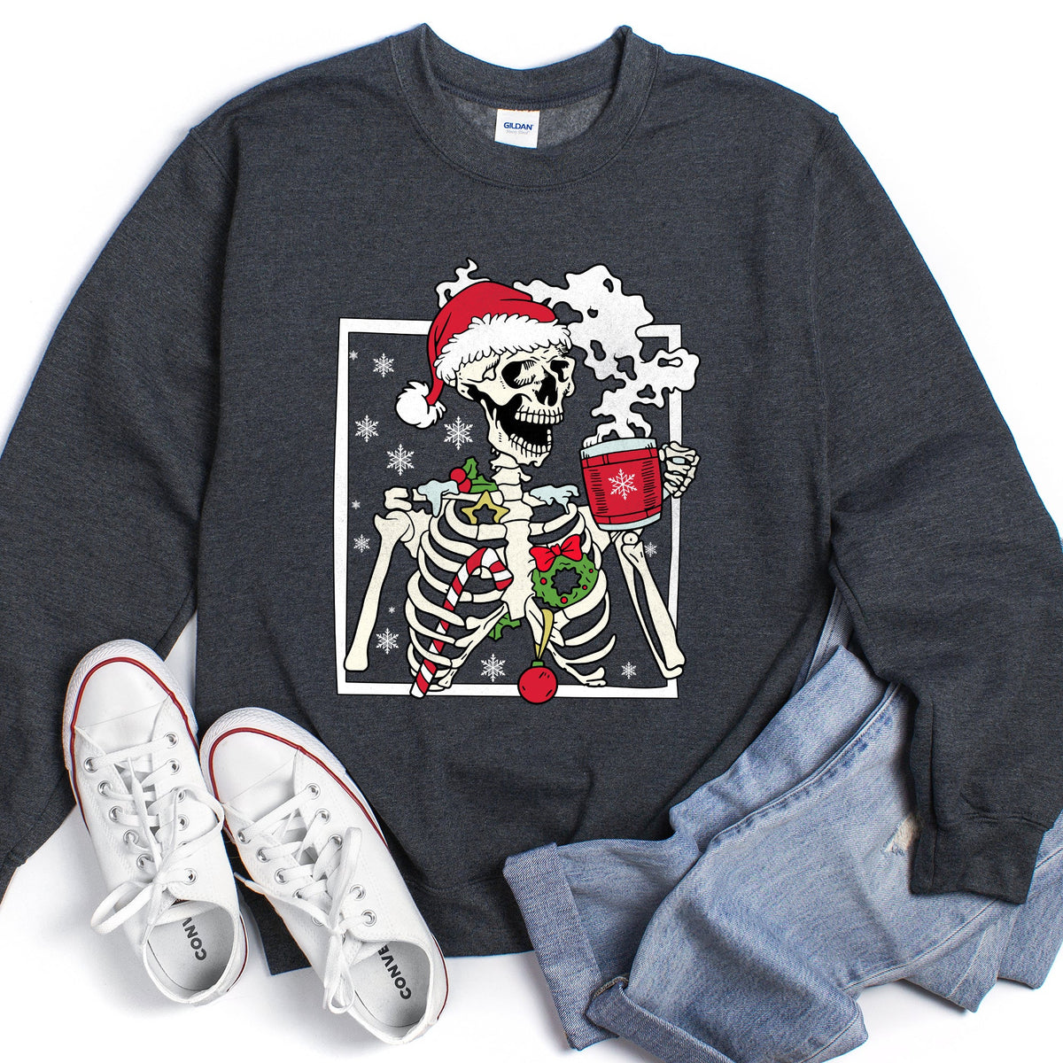 Santa Skeleton Coffee Retro Christmas Cozy Holiday Vintage Cartoon Festive Sweatshirt