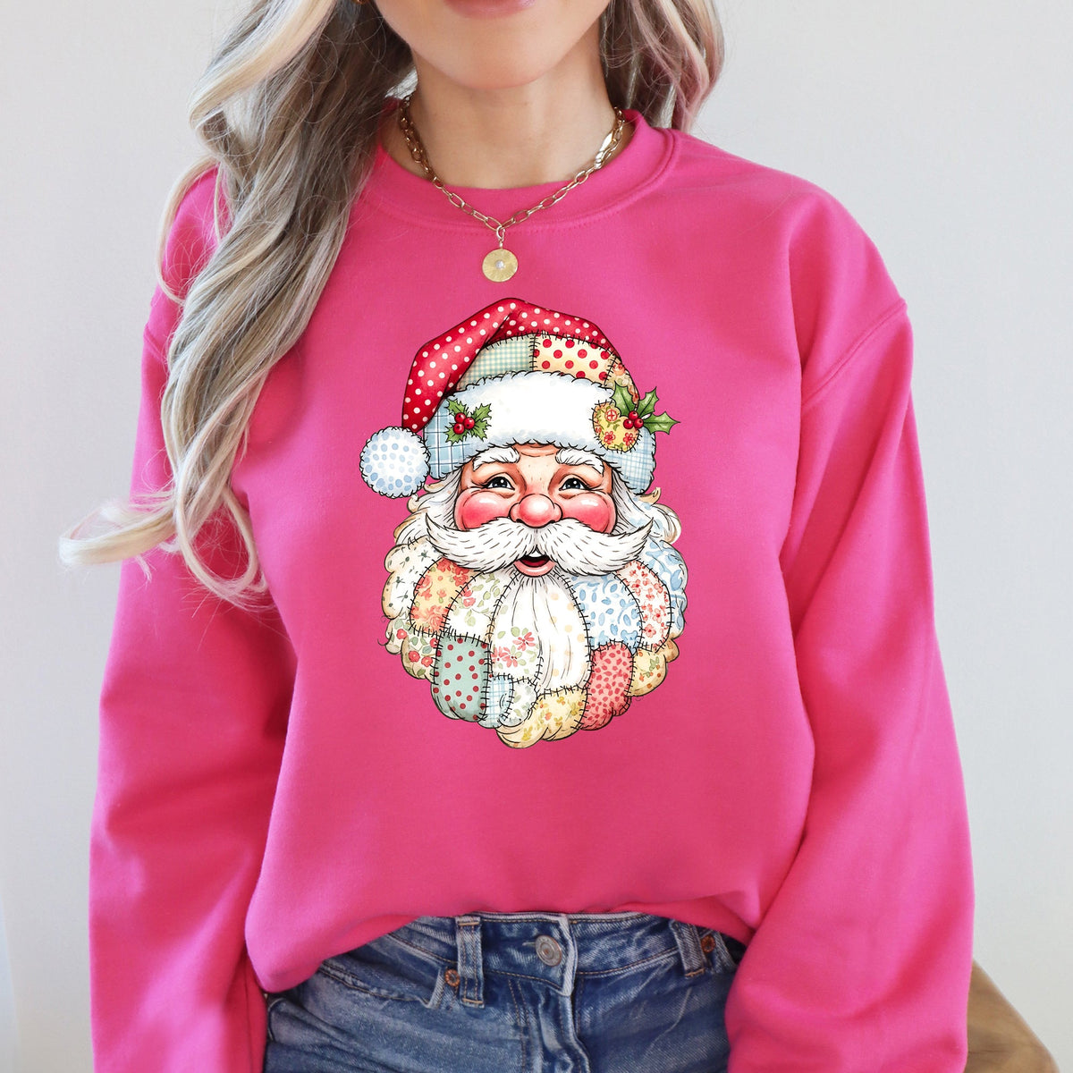 Christmas Geese Retro Santa Faux Quilt Cozy Plush Fleece Lined Holiday Sweatshirt