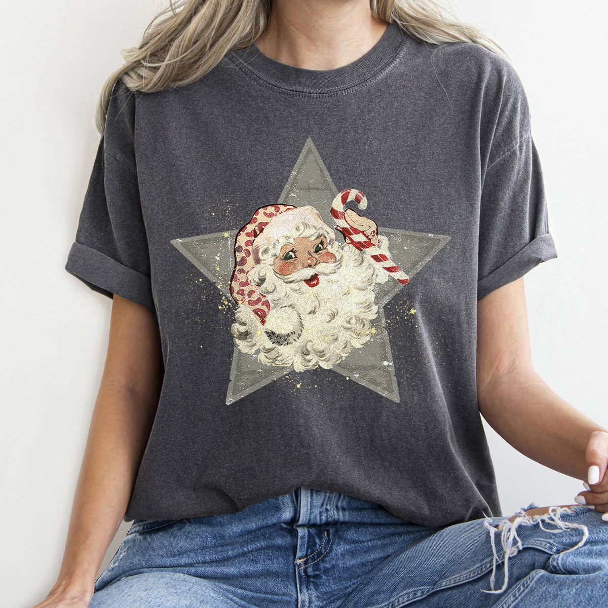 Santa Retro Green Star Candy Cane Christmas Holiday Classic Edition Comfort Colors Tee