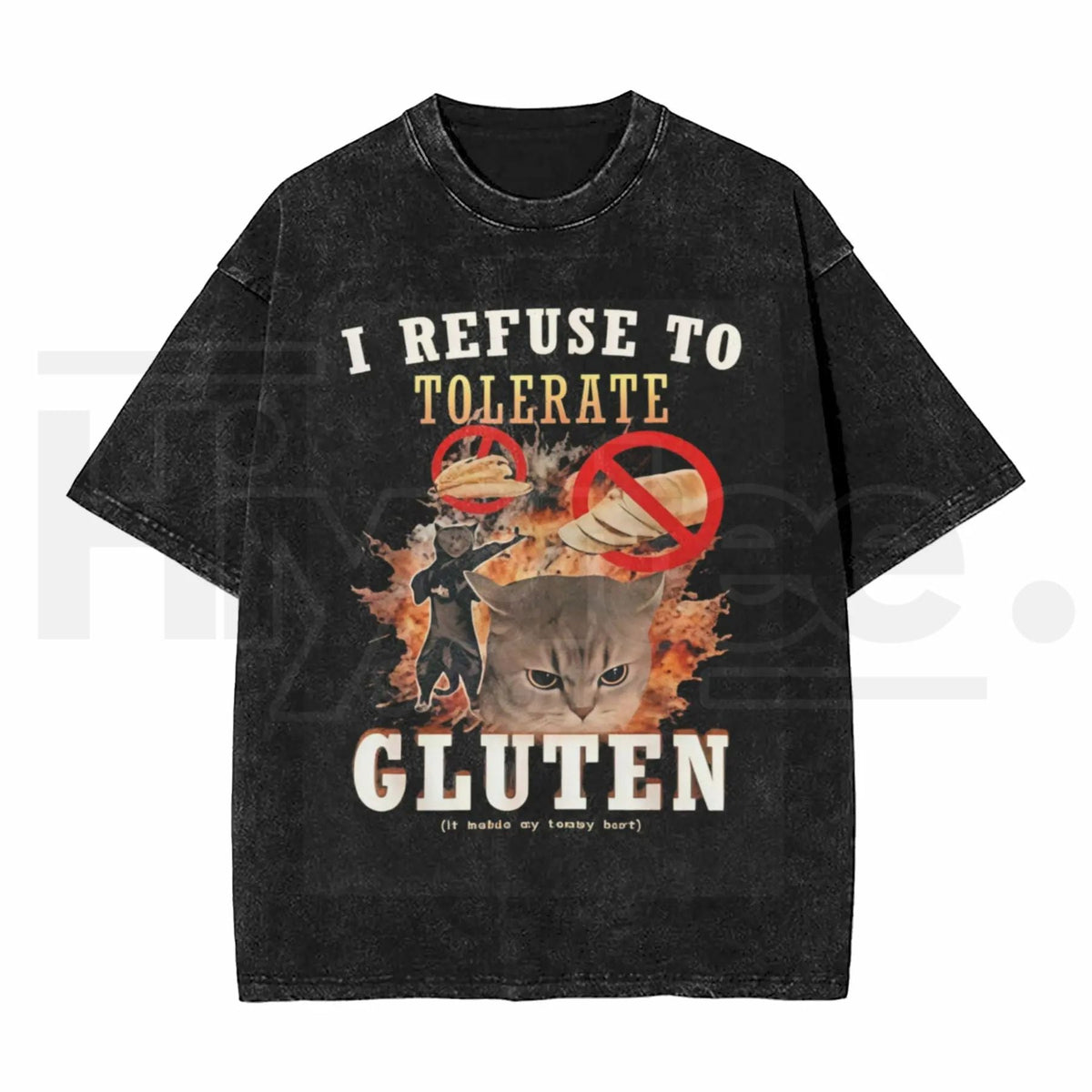 Sassy Cat "Gluten Free" Vintage Washed Tee – 230G Heavy Cotton Oversized Meme Top