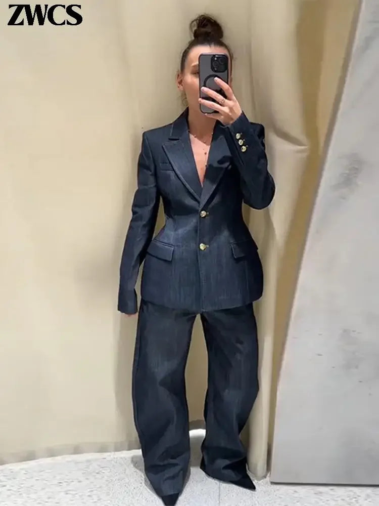 Elegant Denim Blazer Vest Pants Set Women Single-breasted V-Neck Suit Coat Strapless Tanks Straight Leg Jeans 2025 New Lady Suit