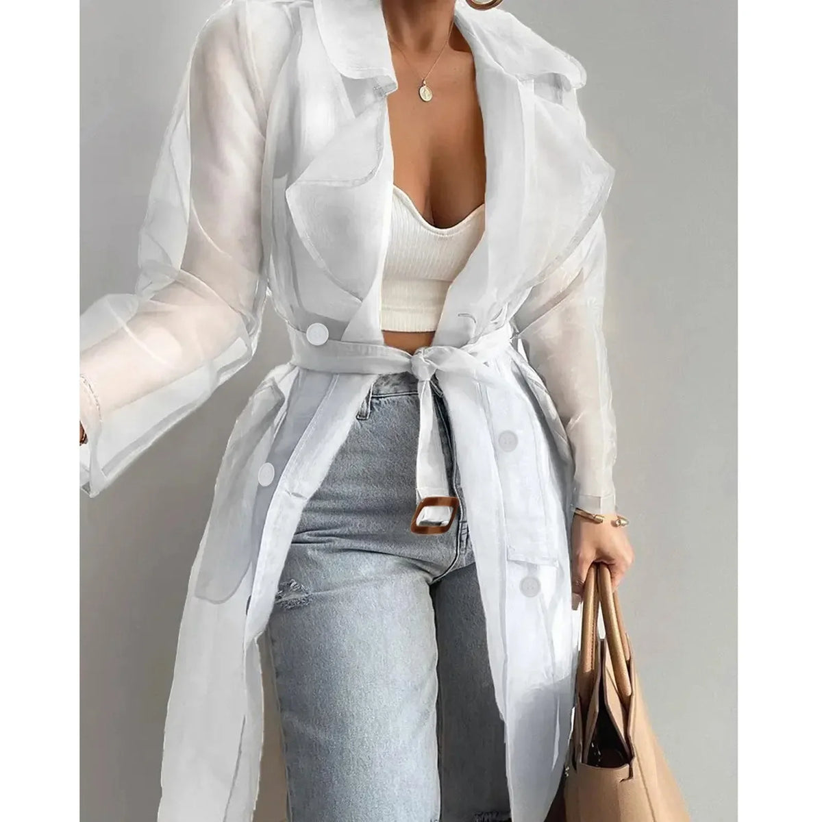 Women Organza See Though Sunscreen Long Sleeve Trench Summer Autumn Fashion Double Breasted Long Coat With Belted Tops Outwear