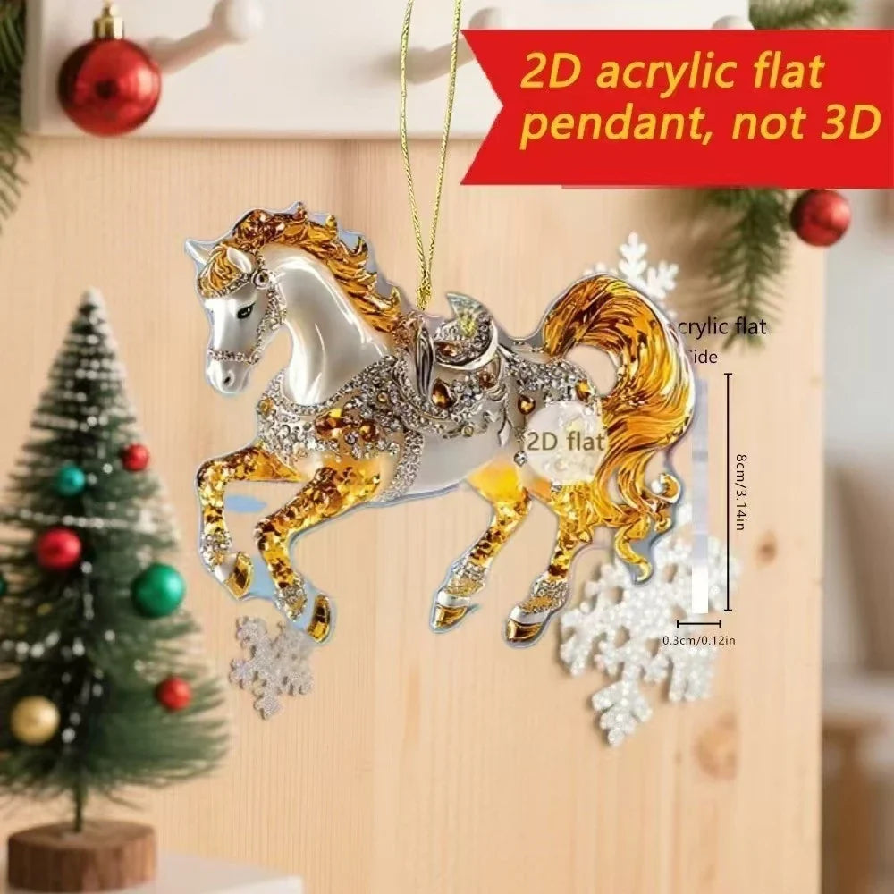2D Acrylic Horse Car Rearview Mirror Pendant Charm Christmas Tree Ornament Party New Year Hanging Decoration