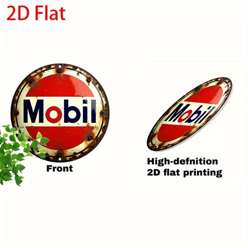 2D Flat 1pc Round - Retro Aluminum Tin Sign - Vintage "Mobil" Gasoline Plaque, 8x8 Inch, Rustic Wall Art for Home