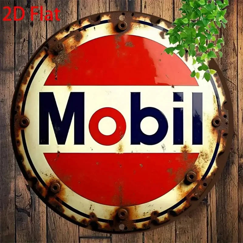 2D Flat 1pc Round - Retro Aluminum Tin Sign - Vintage "Mobil" Gasoline Plaque, 8x8 Inch, Rustic Wall Art for Home