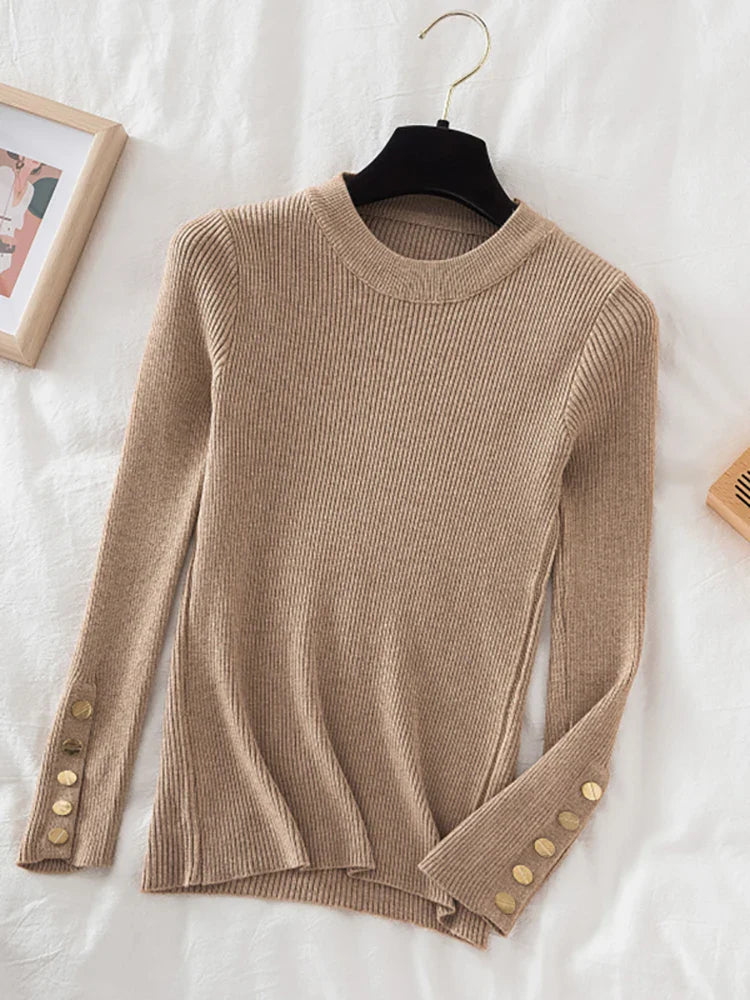 2026 women thick sweater pullovers khaki casual autumn winter button o-neck chic sweater female slim knit top soft jumper tops