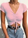 Sexy V Neck Cropped Tank Tops Women Drawstring Tie Up Front Camis Candy Colors Streetwear Slim Fit Ribbed Crop Top