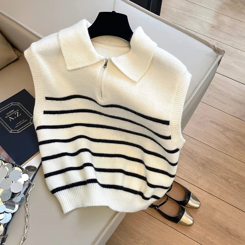 Korean Retro Lapel Zipper Stripe Knitted Vest Women Autumn Winter Sleeveless Sweater Casual 100% Polyester Pullover Outerwear