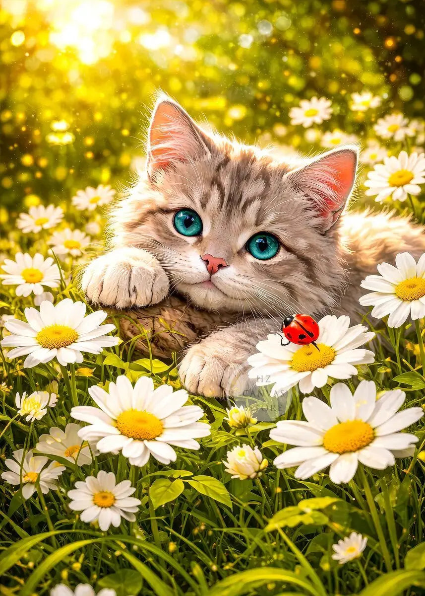Cute Kittens Various Scenes Poster Funny Baby Cat in Daisy Field Watching Sunset on Beach Sleeping Canvas Print for Home Decor