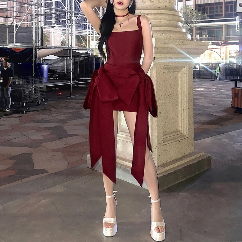BKLD Fashion Red Bowknot Mini Dress Straps Square Collar Sleeveless Backless Vintage Cute Ladies Slim Party Short A-line Dresses