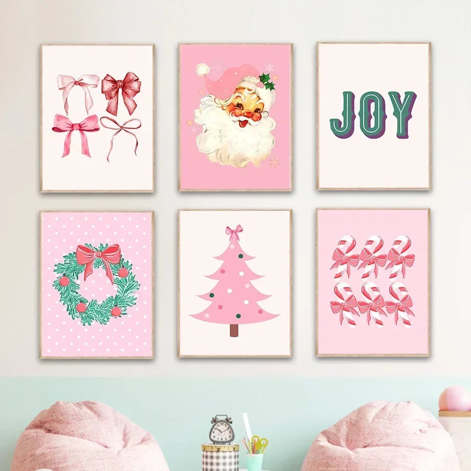 Modern Simple Wall Art Pink Christmas Tree Father Christmas HD Canvas Print Poster Home Living Room Bedroom Decoration