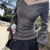 Fashion Vintage V-neck Knitted Tops Women 2025 Early Autumn New Sweaters Pullover Slim Long Sleeve Pullovers Sexy Gray Sweaters