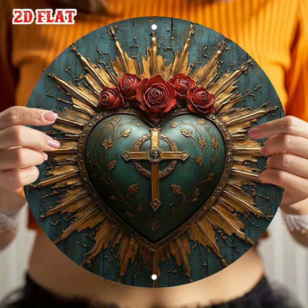 Religious Sacred Heart Round Aluminum Sign - 7.87" Rustic Roses Cross Decor, Home Cafe Wall Art